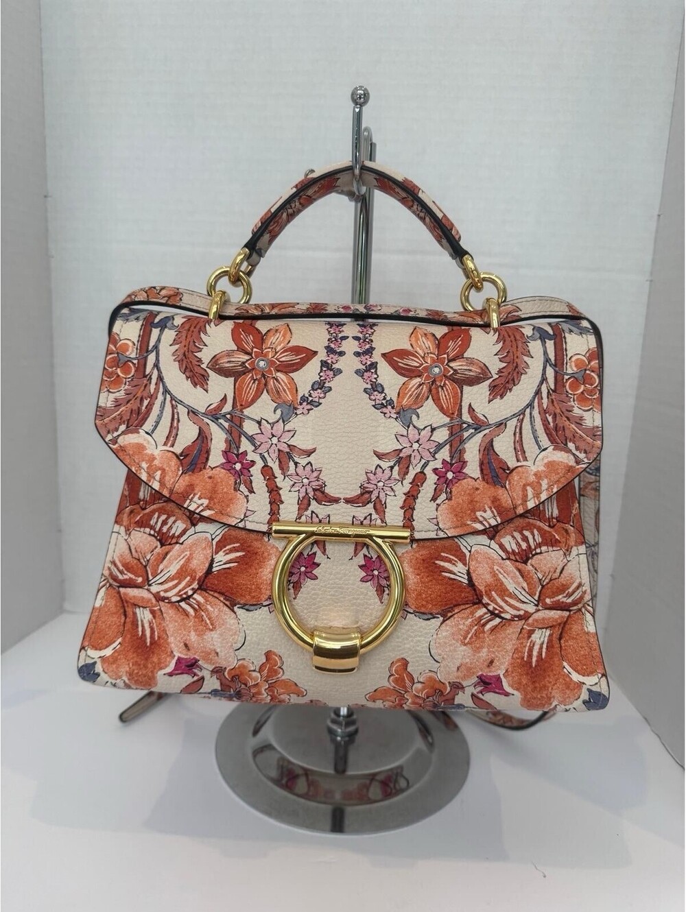 Auth -Salvatore Ferragamo Margot Gancini Floral Top Handle Bag Elegant & Iconic